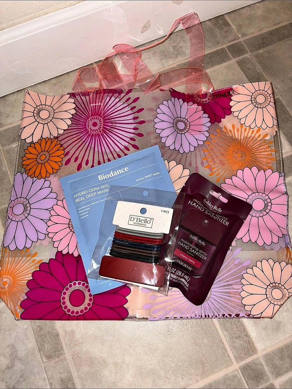 Clinique Clear Floral Tote Bag w/Beauty Items
